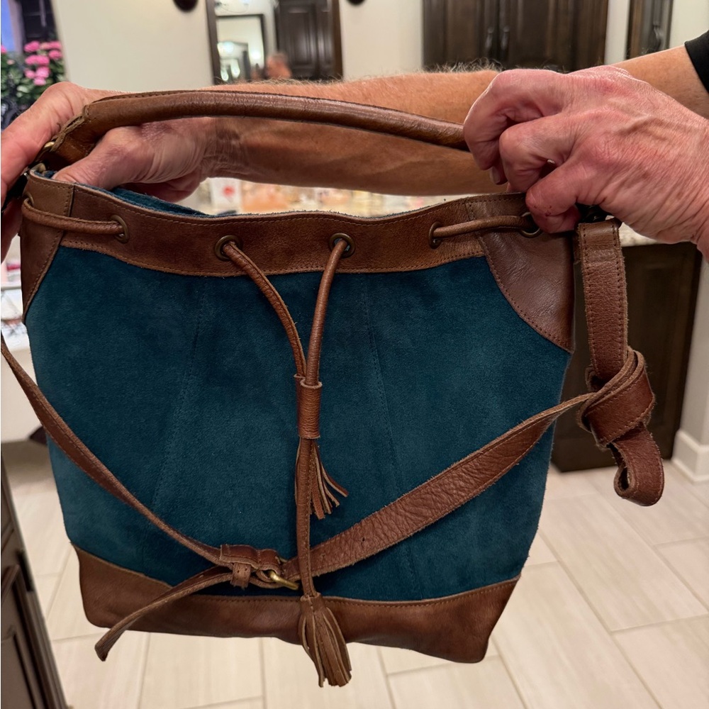Teal and Brown Leather Bucket Bag